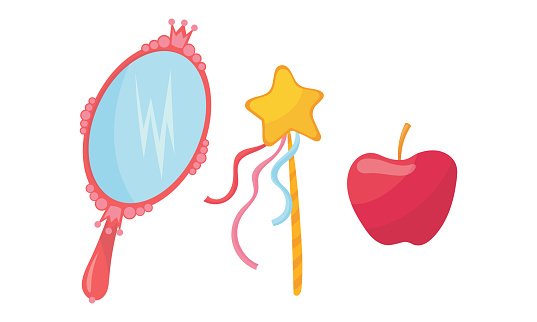Mirror, Magic Wand and Ripe Apple Vector Set. Dreamy Fairytale Symbol Concept