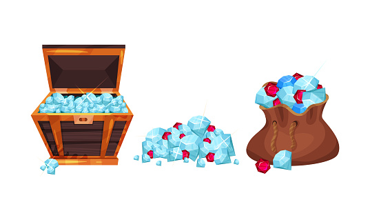 Pile of Gemstones Rested in Sack and Wooden Chest Vector Set. Riches and Treasure Storage Concept