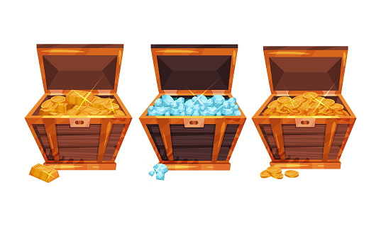 Pile of Golden Coins, Ingots and Gemstones Rested in Wooden Chest Vector Set. Riches and Treasure Storage Concept