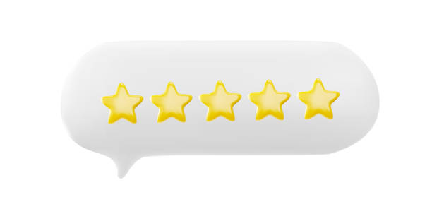 istock Five star rating, positive feedback 3d vector, customer review golden stars in speech bubble, best quality, top rate 2150016512