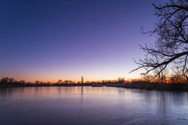 Evening landscape at sunset by the pond.