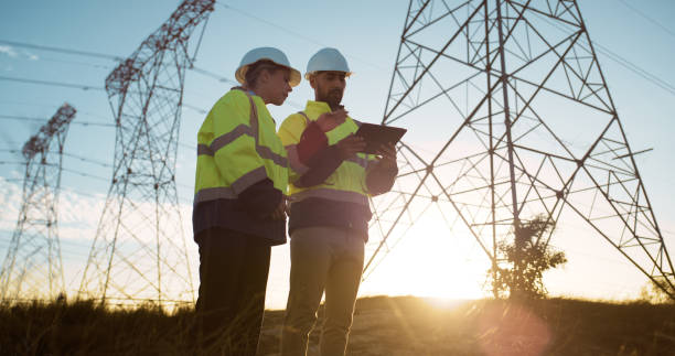 istock Outdoor, tablet and people with power construction, teamwork and engineering with electricity, sunshine or planning with app. Field, man and woman with tech, cooperation or inspection with connection 2150017017
