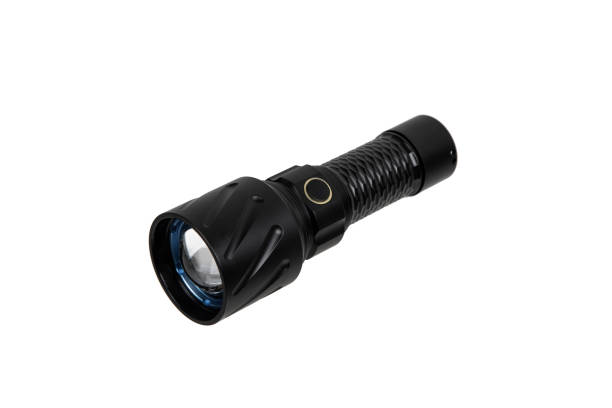 istock Modern metal LED flashlight in black color. Portable flashlight isolate on a white background. 2150017202