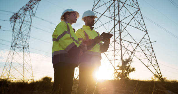 istock People, electrical engineer and tablet in power plant with sunset for electricity transmission system and tower check. Engineering, inspection or collaboration for energy distribution and maintenance 2150017416