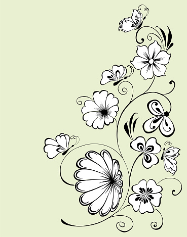 Floral corner decoration twig butterflies outline vector white chamomile stem delicate fantasy greeting card flower tendrils background daisies illustration