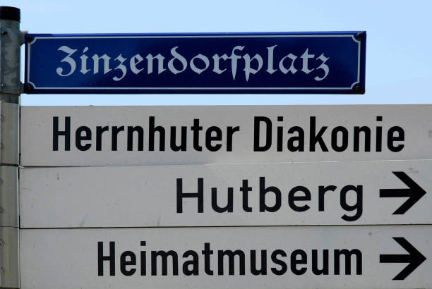 Signpost at Zinzendorfplatz in Herrnhut in memory of the founder of the Herrnhut Brethren Community, Count Nikolaus Ludwig von Zinzendorf - Germany.