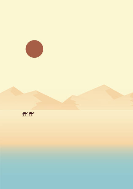 Desert landscape, morning dunes illustration. Mediterranean seaside near Egypt view. Boho wall decor with wild camels. Mid century modern minimalist art print. Travel to Dubai.
