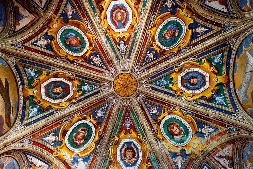 Orta San Giulio, Italy. July 3, 2012. Directly below full frame shot of colorful patterned painting on cupola in Sacro Monte di Orta at Italy
