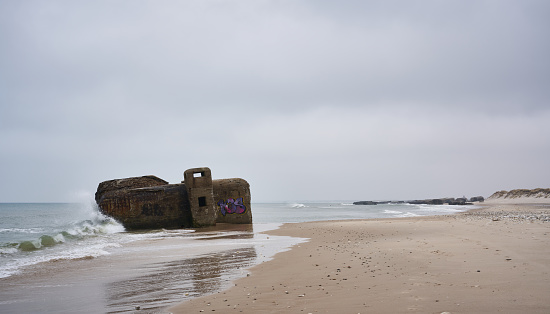 Bunker from world war 2 in a green meadow Ouessant Island - Finistere, Brittany, France, Europe