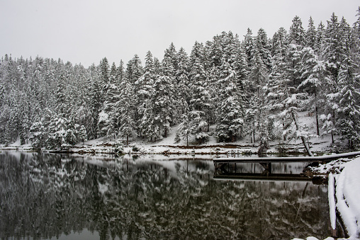 A serene, snow-clad lake with frosted trees reflecting in the still, icy waters.