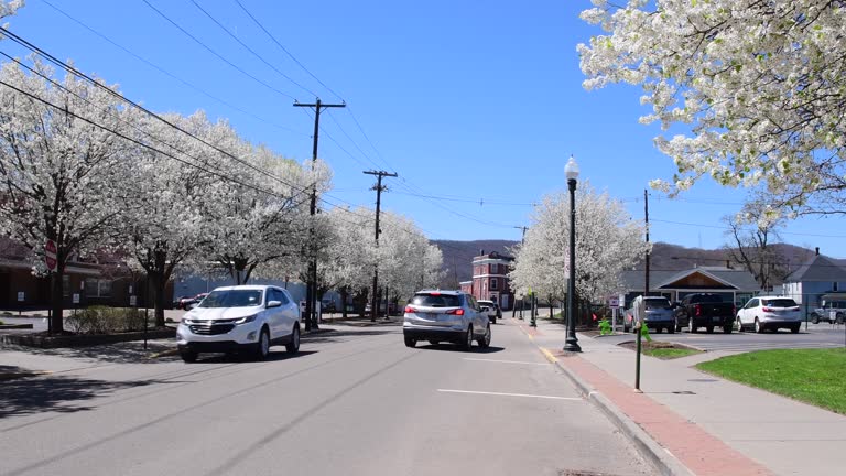 Bradford PA USA April 22 2024; Small town buildings street view during spring bloom