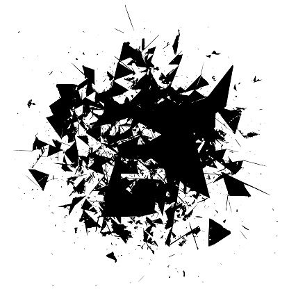 Black grunge textured distressed facet shapes glitch explosion pattern background illustration