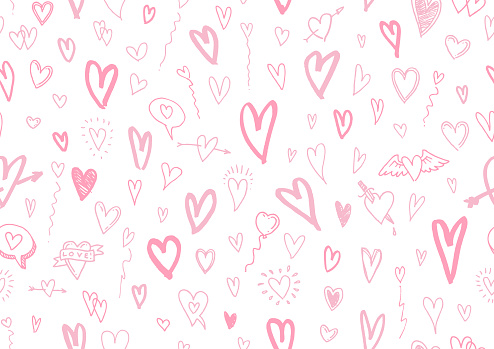Fun pink mothers day sketchy heart doodles and child-like drawings seamless vector illustration on white background