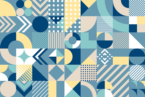 Seamless colorful blue, green and yellow Bauhaus abstract vector shapes pattern background illustration on blue background