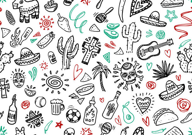 Seamless Mexican culture doodles Seamless red, black and green hand drawn style Mexican culture sketches vector illustration on white background. sombrero doodle stock illustrations