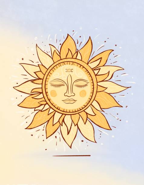 illustrazioni stock, clip art, cartoni animati e icone di tendenza di illustrazione astratta del viso del sole di vacanza del solstizio d'estate - solstizio-destate