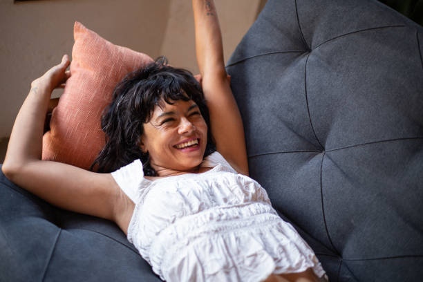 istock Smiling joyful woman at home, portrait 2150026579