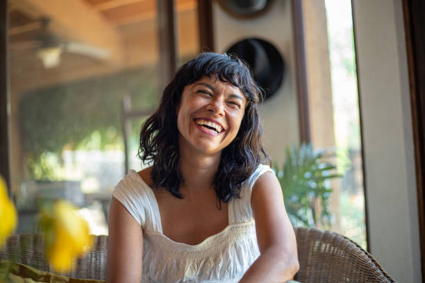 istock Smiling joyful woman at home, portrait 2150026747