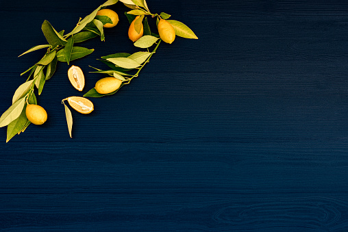 Fresh Lemons with Leaves  on Dark Blue Wooden Background