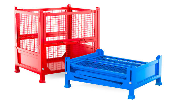 istock Red collapsible transportation box pallet and blue folded collapsible wire mesh pallet, 3D rendering 2150031696