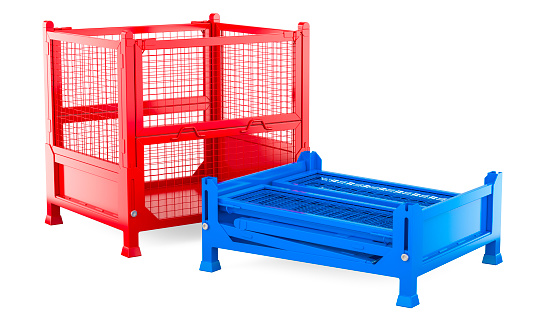 Red collapsible transportation box pallet and blue folded collapsible wire mesh pallet, 3D rendering isolated on white background
