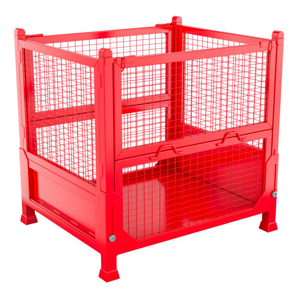 istock Red collapsible wire mesh pallet. Collapsible transportation box pallet, 3D rendering 2150031904