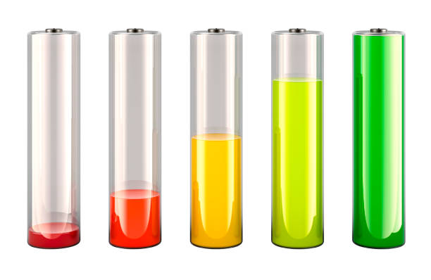 istock Discharged and fully charged battery. Battery charge from high to low. 3D rendering 2150032126