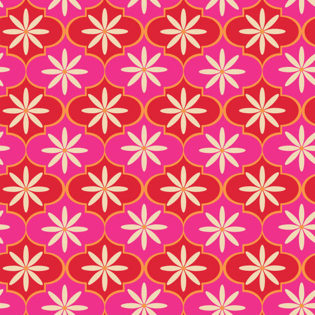 Retro White Flowers on Red and Pink Moroccan Tile seamless pattern. For Islamic backgrounds, Textile and Fabric