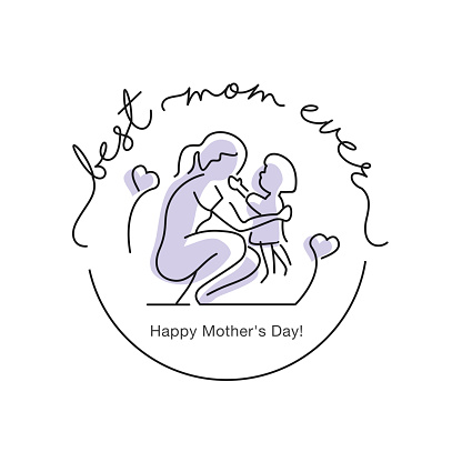 Best mom ever Happy Mothers Day handwritten calligraphy lettering pastel purple line design stamp badge draw of giving love to mom on white background