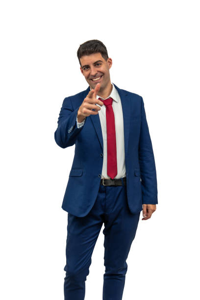 istock vertical Triumphant Businessman Pointing Seductively at Camera white background 2150041638