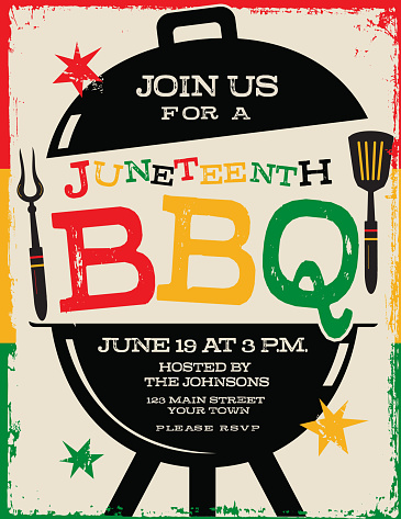 Vector illustration of a Juneteenth BBQ Cookout Party invitation design template for June holiday celebration. Includes bbq grill and utensils, placement text. African American color palette red, green and black. Easy to edit and customize with layers. Download includes vector eps and high resolution jpg.