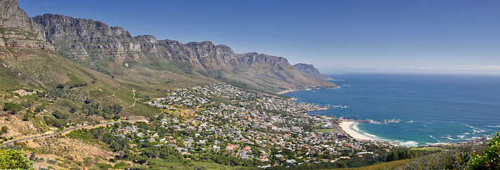 Camps Bay and beach with Twelve Apostles as background, Table Mountain National Park, Cape Town, South Africa