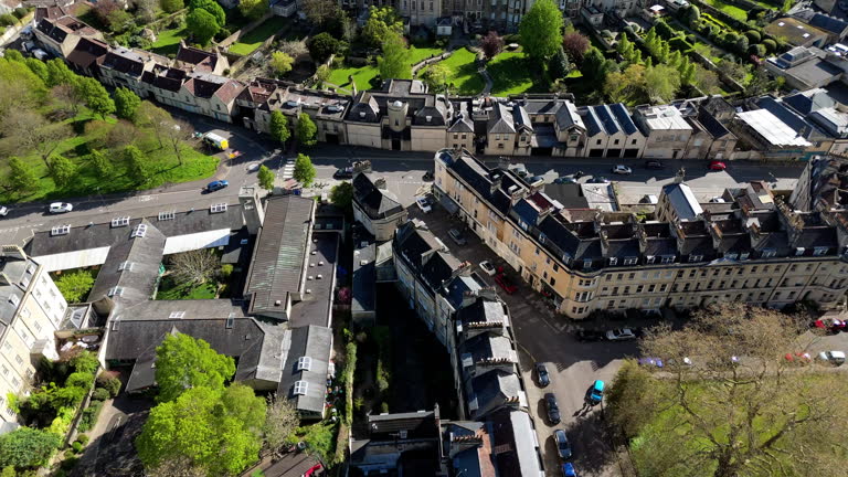 Drone view of historic district in Bath, UK