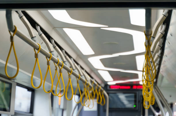 istock Handrails for retention in empty passenger city transport. 2150042665