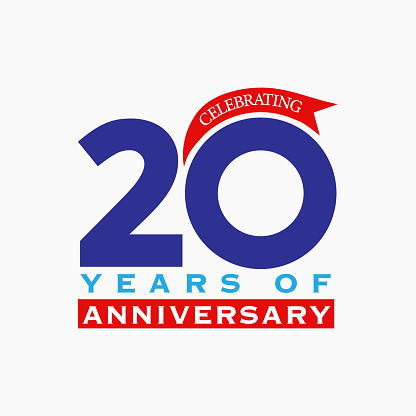 20 years anniversary logo design. 20th anniversary badge design with ribbon. Sign and symbol for celebrating company or business birthday.