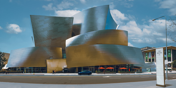 Los Angeles, California, USA - April 25, 2023. The Wall Disney Concert Hall at 111 South Grand Avenue in downtown City of Los Angeles, music center designed by Frank Gehry.