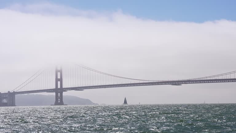 Sailing down the San Francisco bay on a small yacht in California near a Golden Gate bridge and Alcatraz prison island and San Francisco downtown on the horizon.