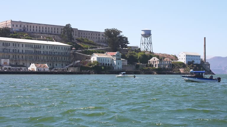 Close up view of the Alcatraz prison island in the middle of the San Francisco bay.