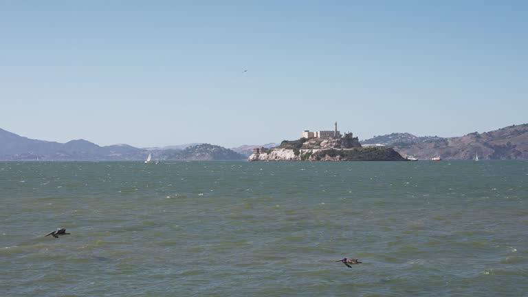 Close up view of the Alcatraz prison island in the middle of the San Francisco bay.