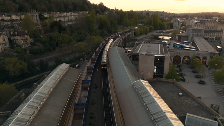 Aerial view of Bath Railway Station at sunset
