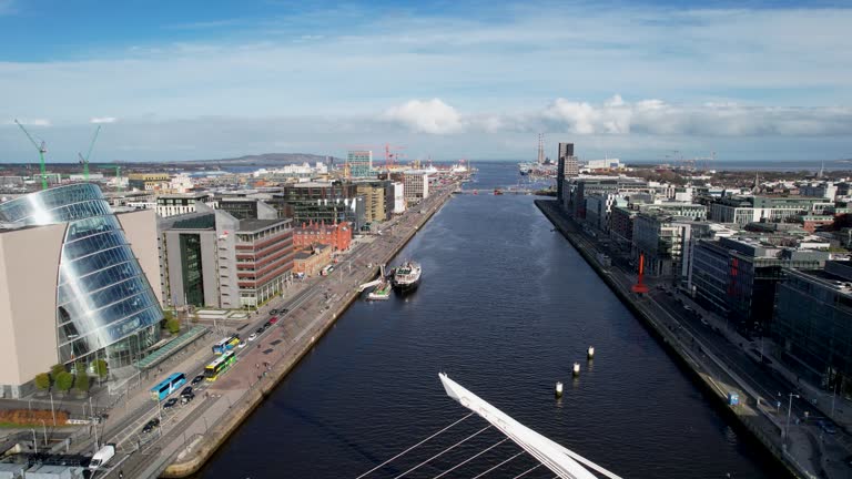 Samuel Beckett bridge drone flyover sunny daytime Dublin Ireland