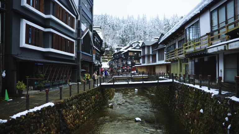 Ginzan Onsen, Ryokan Street in Obanazawa Japan, Snowy Winter Day