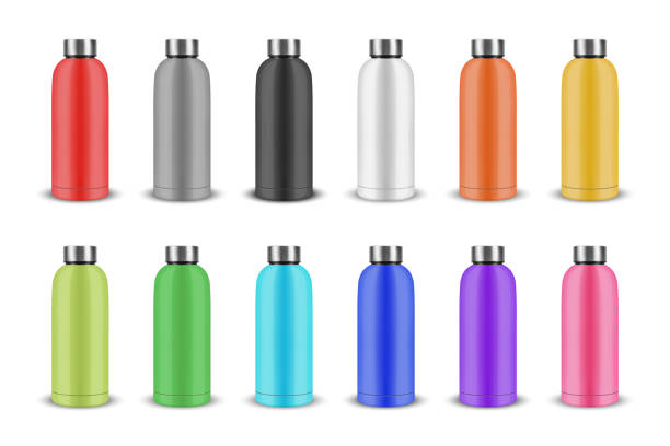 istock Vector Realistic 3D Metal Blank Glossy Reusable Water Bottle in Different Colors with Silver Bung Closeup Isolated on White Background. Design Template of Packaging Mockup. Front View 2150049306