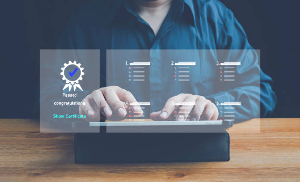 istock ISO standards quality control, Customer Satisfaction Guarantee concept on virtual screens, Standardization, Businessman using laptop computer with quality assurance and document icon for ISO. 2150050051