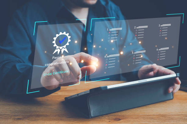 istock ISO standards quality control, Customer Satisfaction Guarantee concept on virtual screens, Standardization, Businessman using laptop computer with quality assurance and document icon for ISO. 2150050071