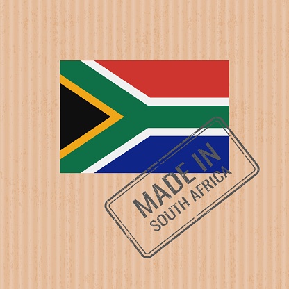 Made in South Africa badge vector. Sticker with South African national flag. Ink stamp isolated on paper background.