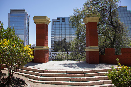 Beautiful view of Caupolicán Terrace at Cerro Santa Lucia in Santiago, Chile. The brick portal adds character to this historic hill, offering stunning views of the city