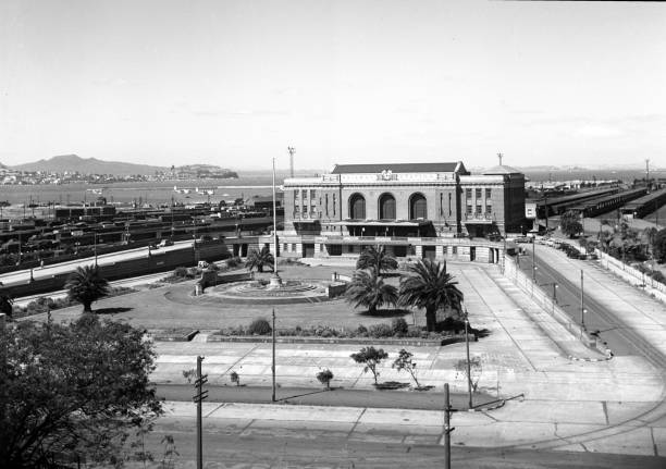 Auckland New Zealand, Central Railway station in 1948 showing flying boats in the harbor.