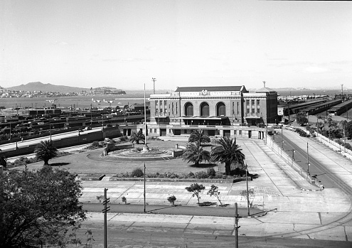 Auckland New Zealand, Central Railway station in 1948 showing flying boats in the harbor.