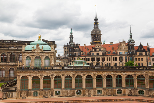 The facade of one of the buildings of the Zwinger palace and the castle, Dresden, Germany